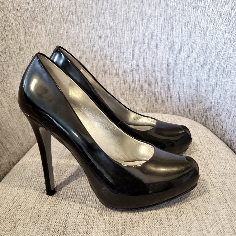 Black Patent peep toe pumps